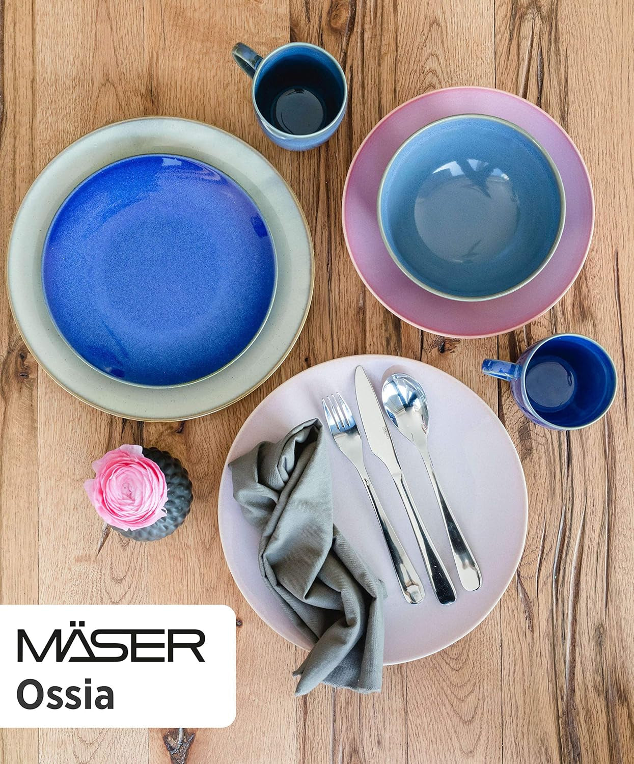 Set de veselă MÄSER 931736 pentru 4 persoane în aspect vintage mediteranean, serviciu combinat cu 16 piese în gri nisipos, ceramică, gri nisipos