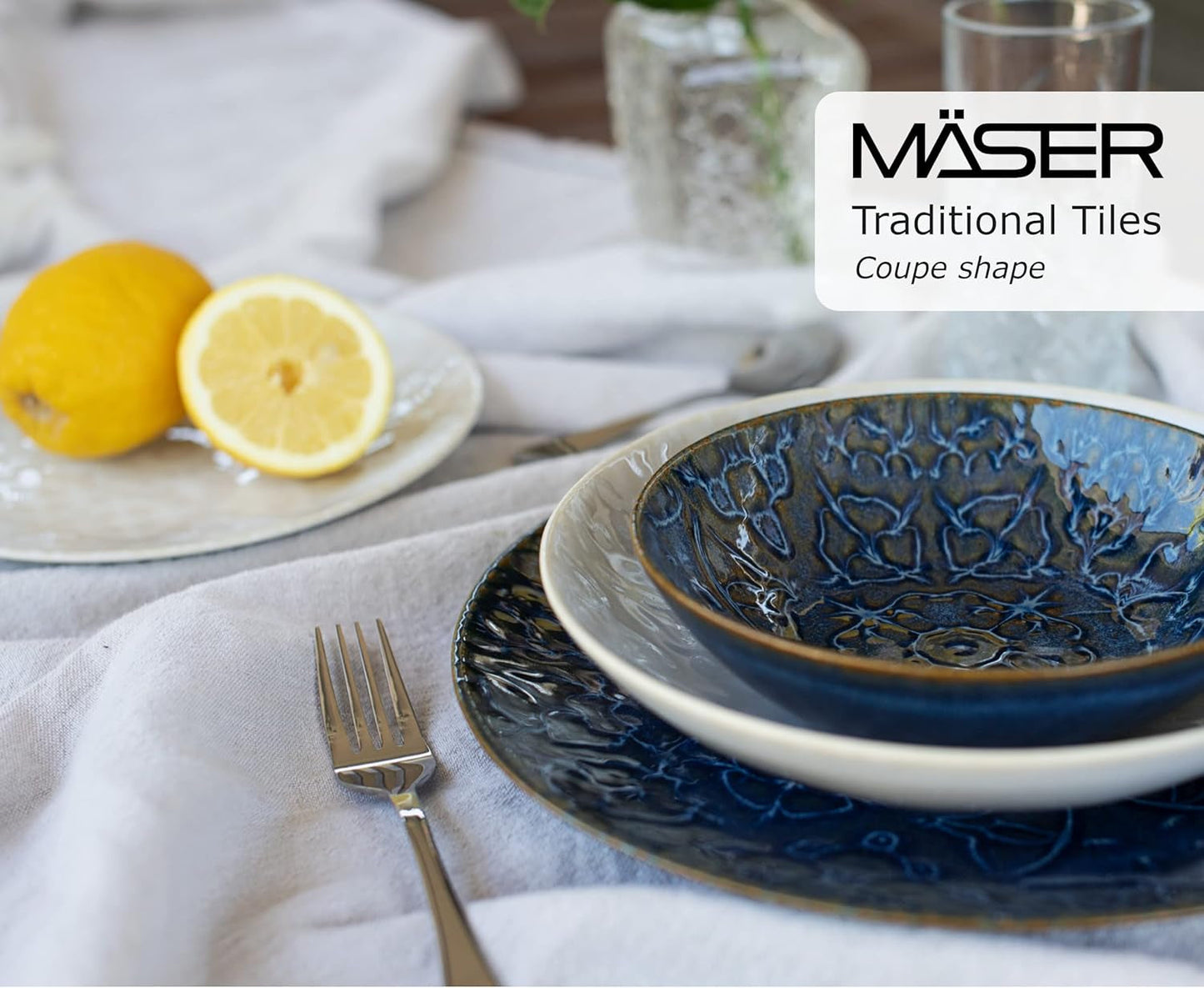 MÄSER 935079 Set de veselă vintage modern pentru 2 persoane, design maur, serviciu de masă cu 8 piese, farfurii și boluri din ceramică de înaltă calitate, gresie, alb