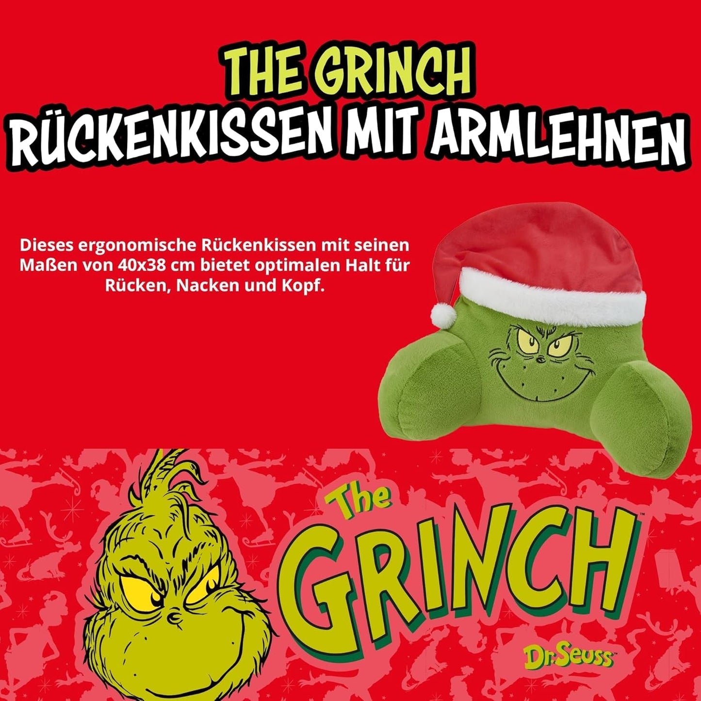 Perna Grinch - Pernă de spate pentru pat și canapea, suport pentru spate cu cotiere, pernă de citit pentru spate, gât și cap, verde, 40 x 38 cm