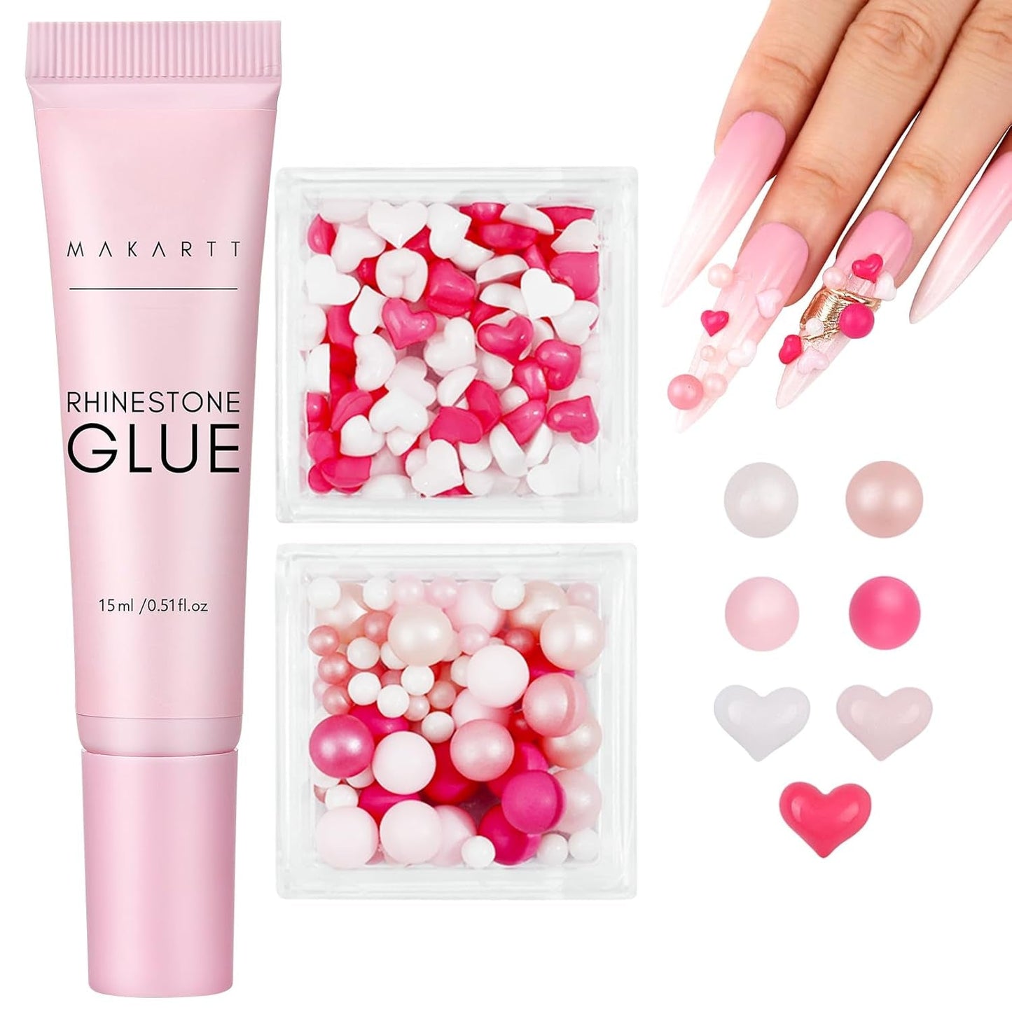 Gel adeziv pentru strasuri Makartt - Set de adeziv UV pentru unghii 15ml cu brelocuri roz pentru unghii, bijuterii pentru unghii în formă de inimă și cerc și accesorii pentru designul unghiilor, pentru manichiură acasă, cadou de Ziua Îndrăgostiților