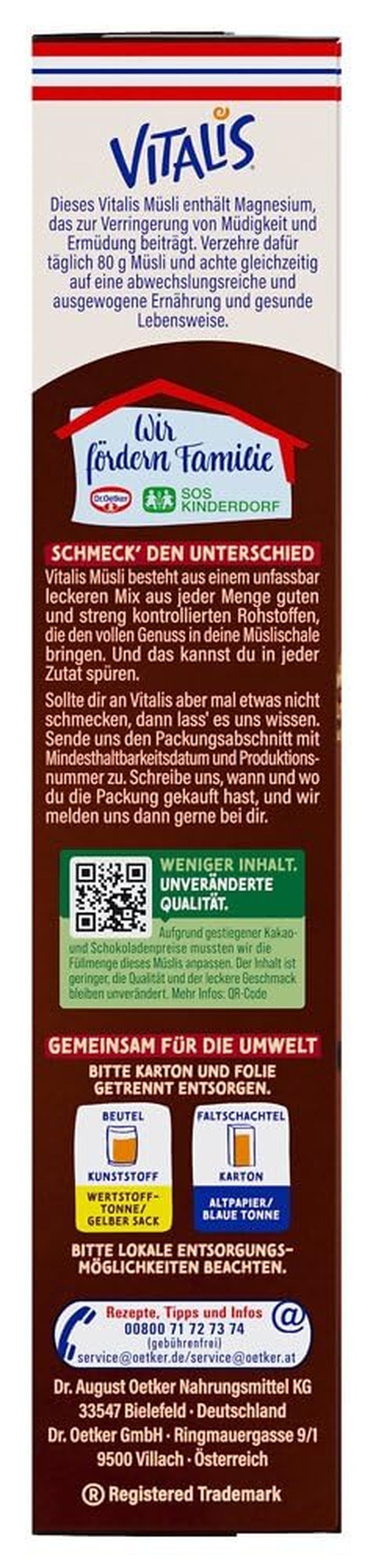 Dr. Oetker Vitalis KnusperPlus Ciocolată Dublă: Musli crocant cu lapte și ciocolată neagră, pachet de 7 (7 x 450g)