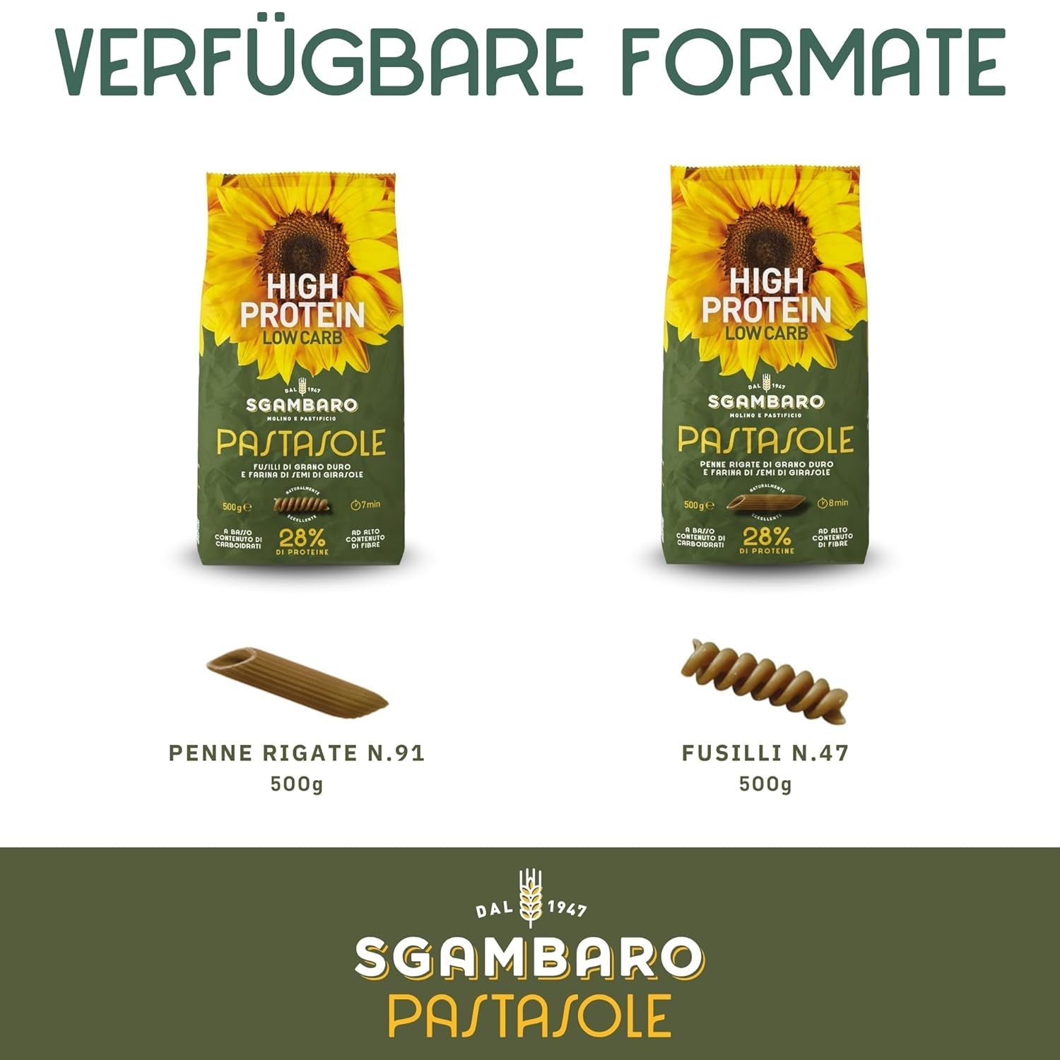 PASTASOLE , Penne Rigate mit Hartweizengrieß aus 100% italienischem Anbau und Sonnenblumenkernmehl - 500g - High Protein, Low Carb, Hoher Ballaststoffgehalt