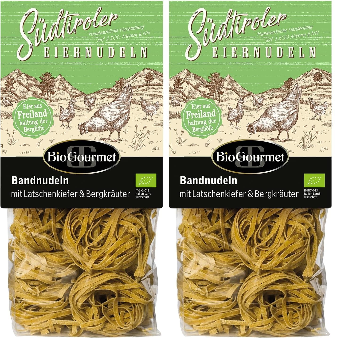 Tăiței panglică BioGourmet cu Schüttelbrot din Tirolul de Sud (IGP) | Tăiței de ou sărați și aromati cu speck autentic din Tirolul de Sud | 1 x 250g Bio