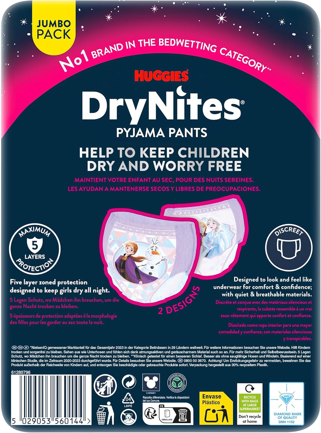 Scutece Huggies DryNites foarte absorbante pentru noapte, pentru fete 3-4 ani (12-21 kg), 4 x 16 bucăți (64 bucăți în total), pachet lunar de scutece-chiloți
