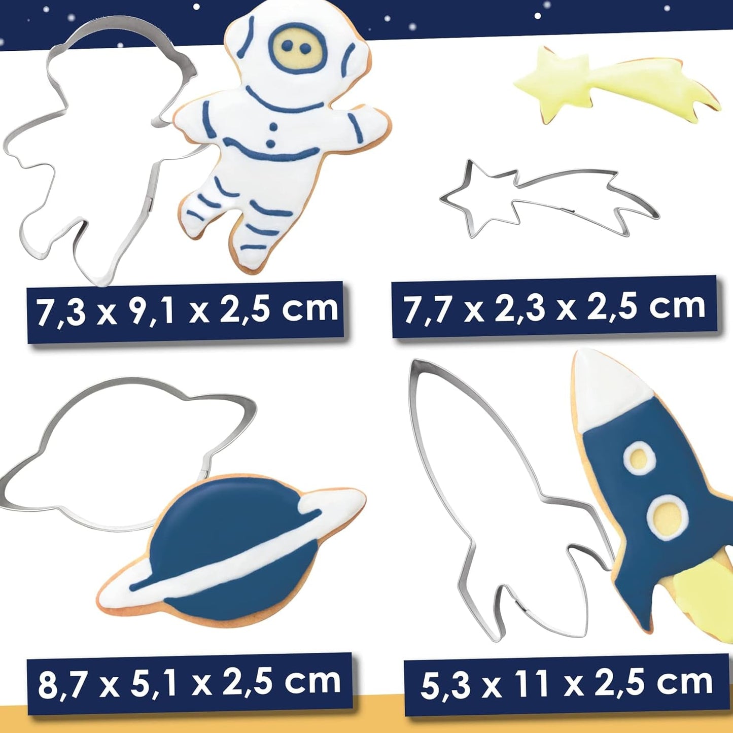 ScrapCooking – 4 Ausstechformen für Plätzchen, aus Edelstahl – Astronaut, Sternschnuppe, Rakete, Planeten – Formen für kleine Kuchen – Zubehör zum Backen Geburtstag Deko – 2084