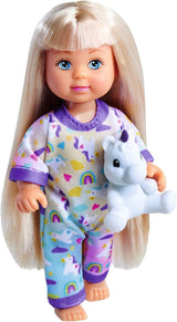 Pijama Simba Evi Love, 3 culori asortate, livrat doar un articol, păpușă în pijama drăguță cu jucărie de pluș unicorn, păpușă de joacă 12 cm, vârste 3+