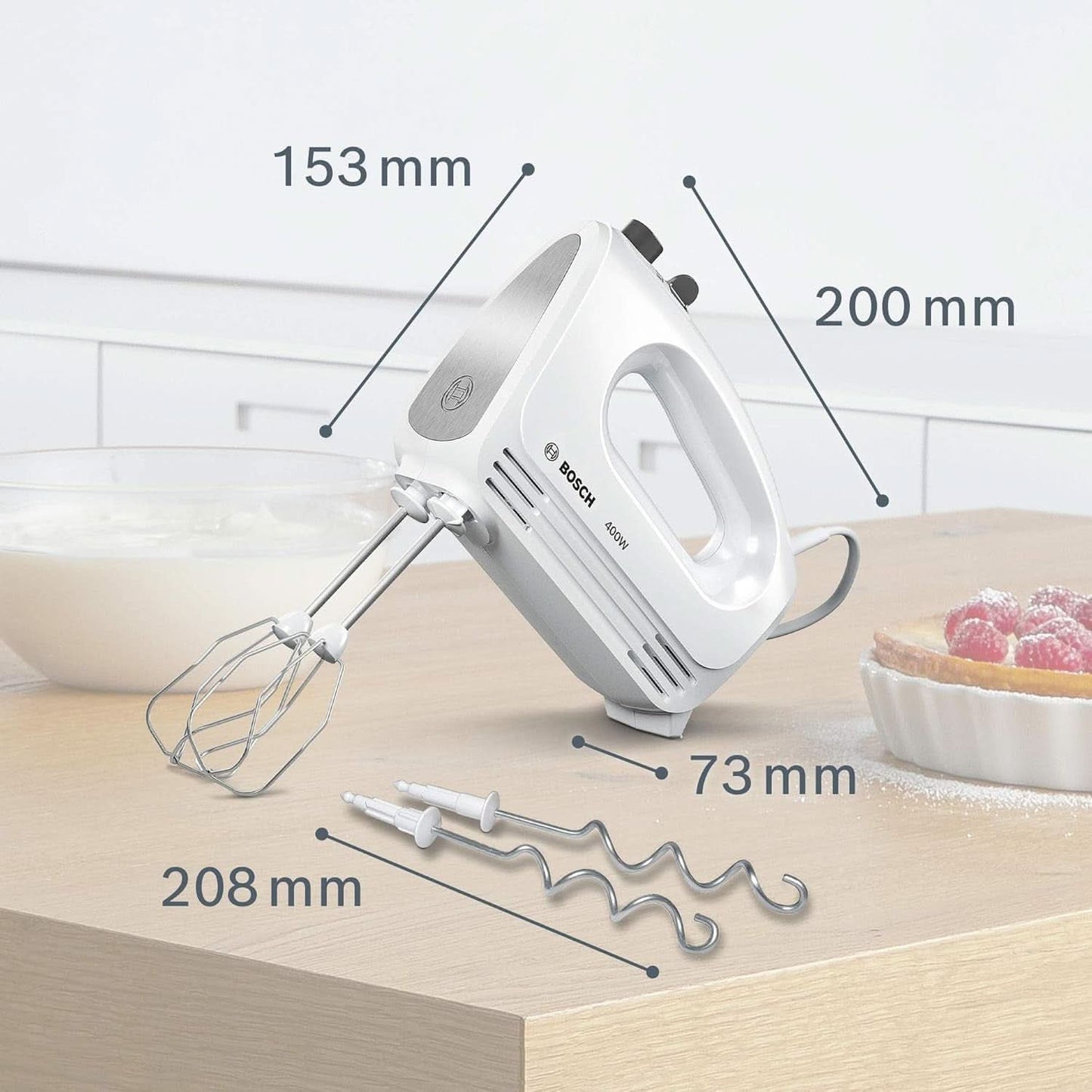 Bosch Hausgeräte Handrührer Clevermixx MFQ24200, 2 Rührbesen, 2 Spülmaschinengeeignet, 4 Stufen, Leicht, Leise, 400 W Weiß/Edelstahl Bucatarie Naty Shop
