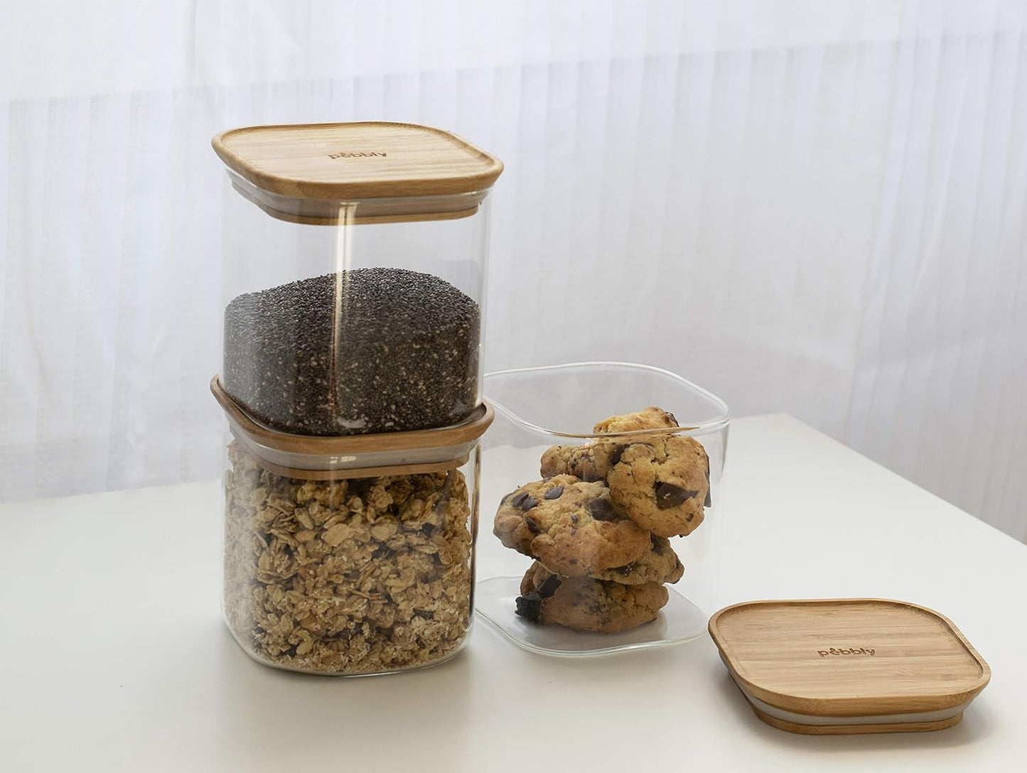 Set de 3 recipiente pătrate din sticlă cu capac din bambus-800ml, sticlă borosilicată, bambus, silicon, natural, 11 x 11 x 11 cm Cutii depozitare alimente Naty Shop