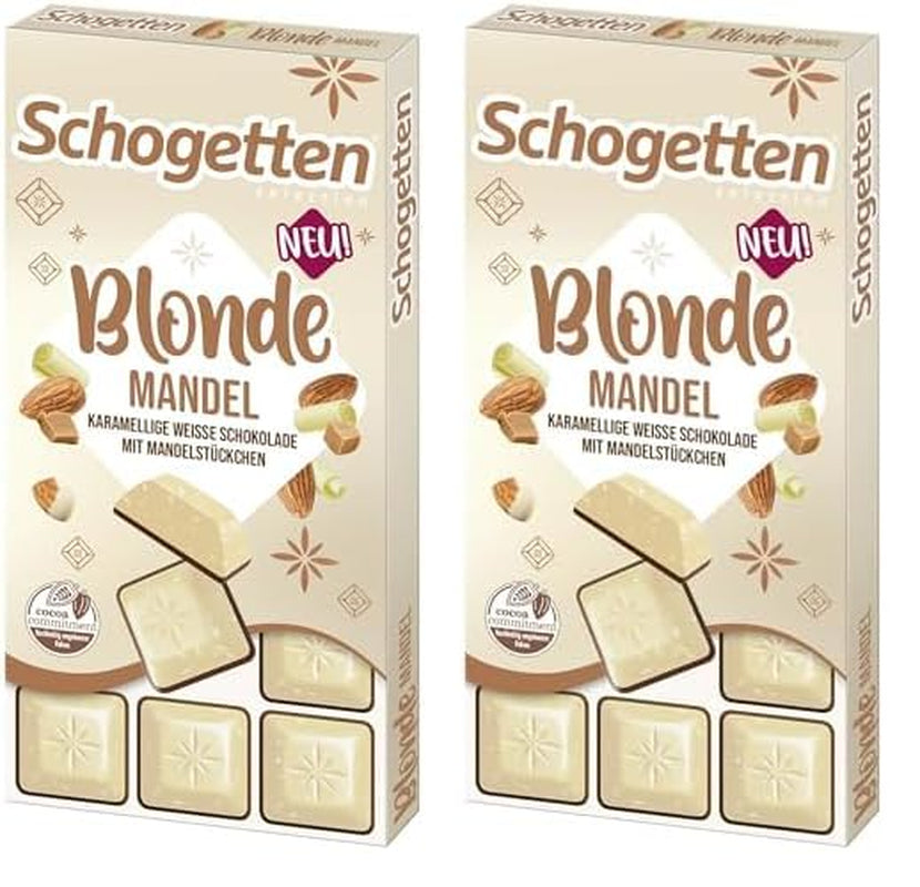 Schogetten Blonde Almond | Ciocolată albă cu caramel și bucăți de migdale | 100 g | Porționat convenabil (pachet de 2)