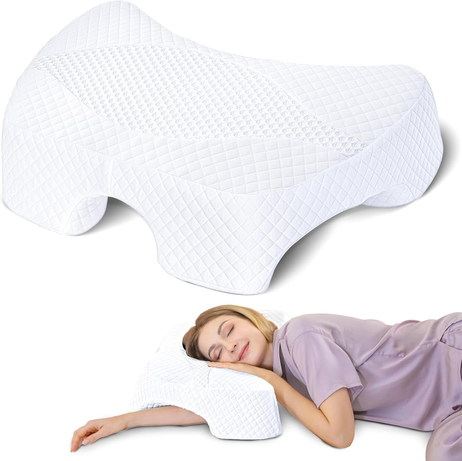 SAHEYER Pernă pentru dormit lateral cu braț, pernă ortopedică ergonomică, pernă din spumă de memorie pentru gât și umăr, pernă pentru gât cu brațe multiangulare pentru multe poziții de dormit (alb) Perne ortopedice cervicale Naty Shop Alb