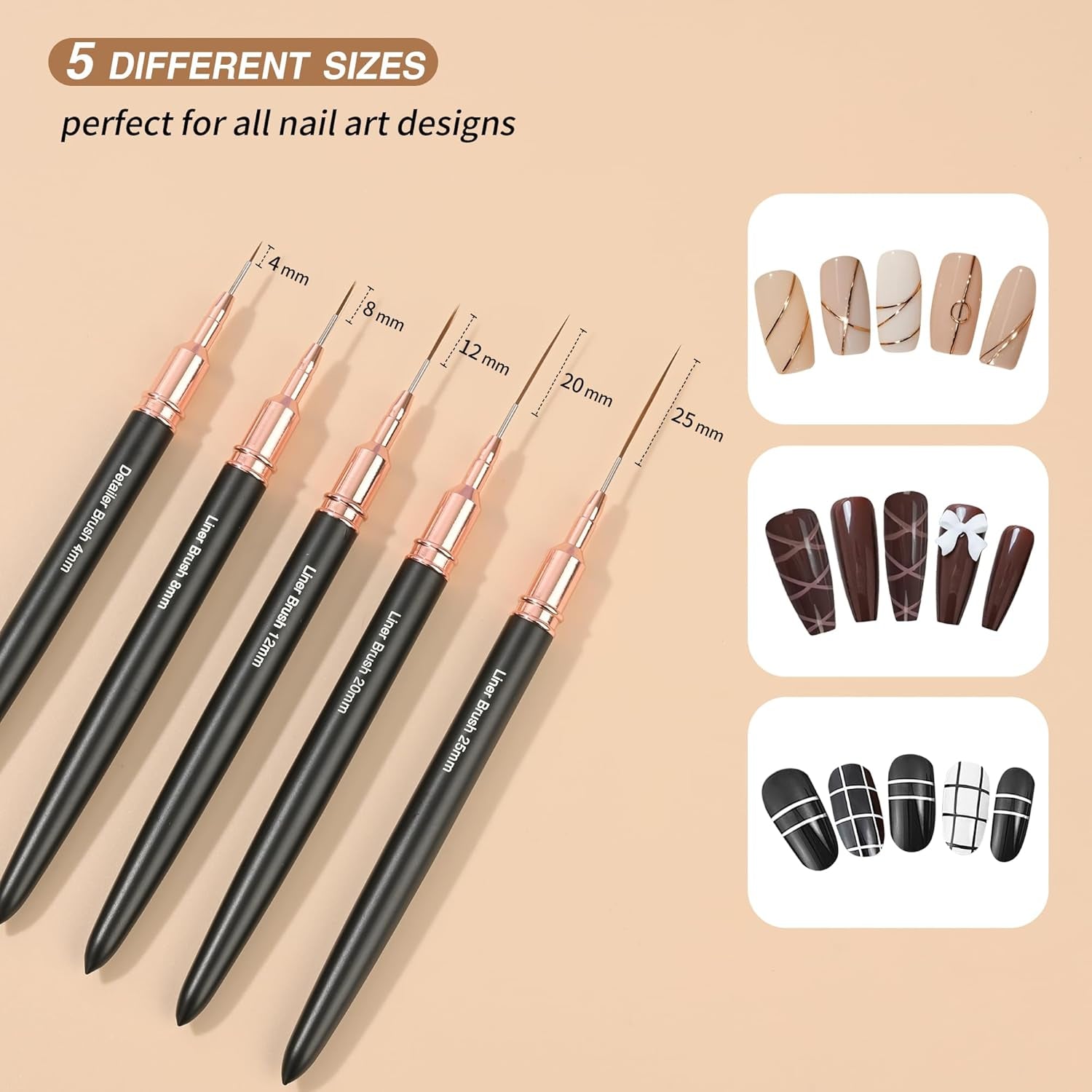 Pensule pentru unghii, 5 bucăți de pensule pentru conturul unghiilor, set de pensule pentru pictură și design, instrument de desen pentru puncte de unghii pentru linii lungi, detalii subțiri, desen fin în dimensiuni 6/9/12/15/18 mm, negru