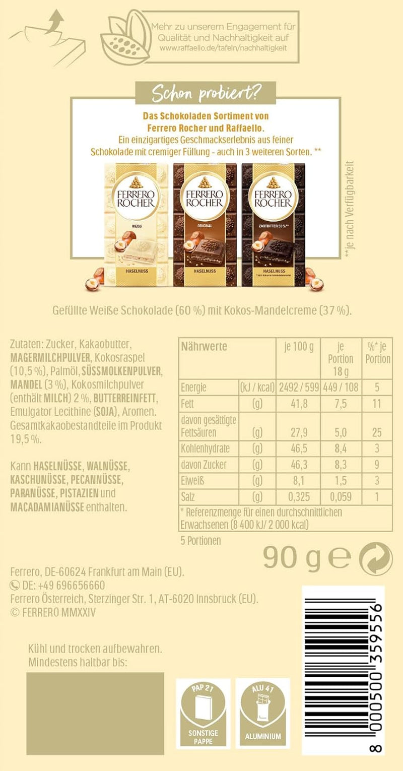 Baton de ciocolată Ferrero Raffaello – Cadou de Ziua Îndrăgostiților pentru el și ea – Ciocolată albă cu cremă de cocos și migdale – 1 baton de ciocolată x 90g