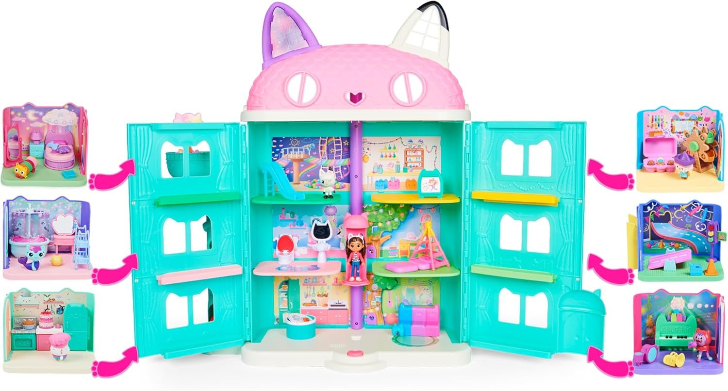 CASA DE PĂPȘI DREAMWORKS A LUI GABBY - Cameră Deluxe, Cofetărie cu Cakey, Bucătărie cu Kuchi (Română: Cakey), 3 piese de mobilier și 2 cutii surpriză cu accesorii, potrivită pentru copii cu vârsta de 3 ani și peste