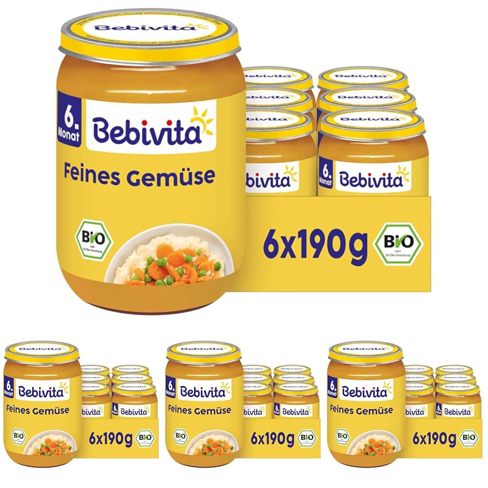 Legume fine organice (6 x 190g), de la 6 luni, fără sare adăugată, borcanul ideal de legume pentru începerea hrănirii complementare (pachet de 4)