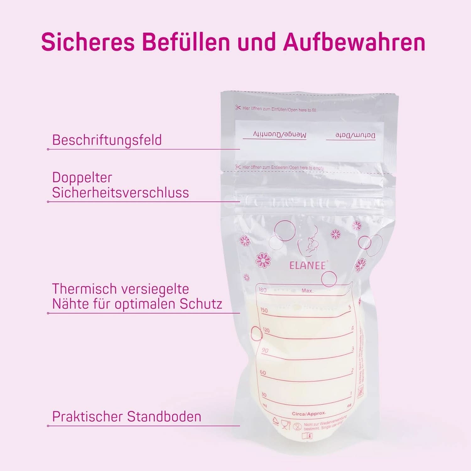 ELANEE Muttermilchbeutel, Aufbewahren & Einfrieren Von Muttermilch, Geschmacksneutral Und Vorsterilisiert, Doppelter Sicherheitsverschluss,20 Stück, Mit Standfuß (711-00) Accesorii Hrana si Alaptare Bebe Naty Shop