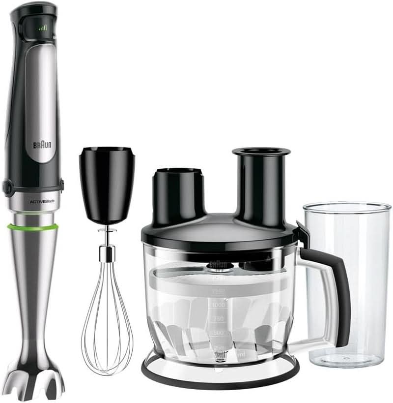Braun Multiquick 7 MQ 7035X Stabmixer - Pürierstab Mit Abnehmbarem Edelstahl Mixfuß Mit Activeblade Technologie Zum Pürieren Der Härtesten Zutaten, Inkl. 3-Teiliges Zubehör Set, 1000 Watt, Schwarz Bucatarie Naty Shop Schwarz Küchenmaschine