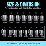 TOMICCA Coffin Tips Ultra Short Nail Tips - Tipuri de unghii, Tipuri moi cu gel, Acoperire completă, Tipuri de unghii artificiale mate preformate, Tipuri de gel pentru unghii cu gel - 360 bucăți, 15 mărimi