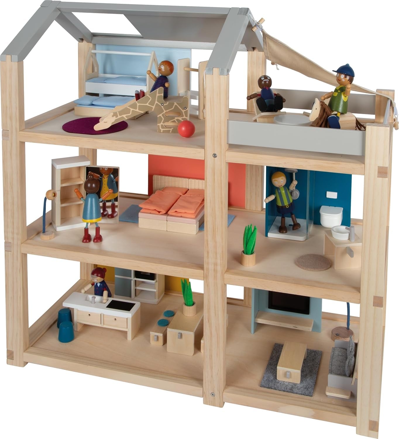 Casă de păpuși din lemn Small Foot, culori naturale – cu 3 etaje, terasă pe acoperiș și set de mobilier cu 51 de piese, încurajează jocul creativ, potrivită pentru vârste de la 3 ani în sus, 12541