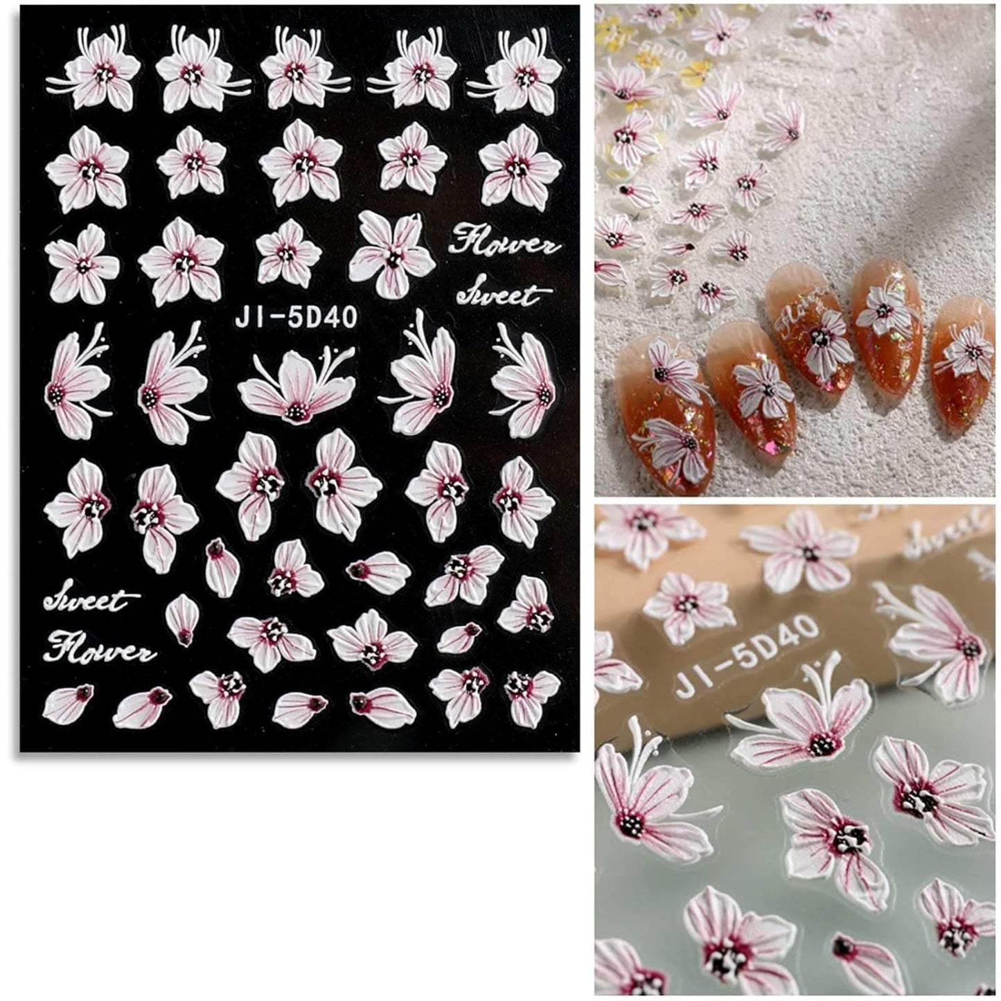 JMEOWIO 3D Nagelsticker Frühling Blume Nail Art Sticker Selbstklebend Nagelaufkleber 5D Stereoskopisch Buntes Sommer Blumen Dekoration Nageldesign Zubehör 4 Blatt