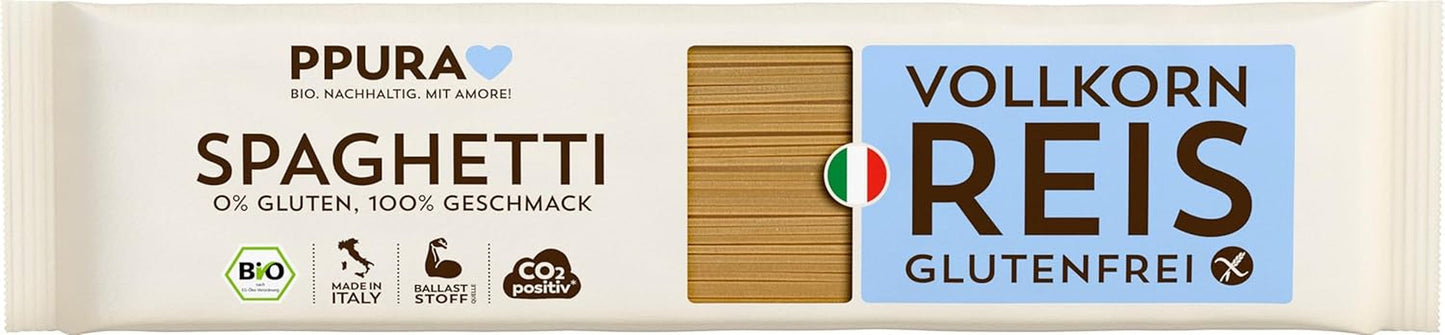 PPURA Spaghete cu orez integral organic fără gluten 400g – Paste naturale italiene cu orez integral organic – Fără gluten, fără zahăr sau aditivi, preparate tradițional