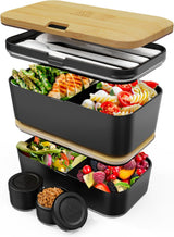 Cutie de prânz Umami pentru adulți, cutie bento stivuibilă etanșă cu 4 tacâmuri și compartimente, cutie de prânz pentru adulți, recipient pentru salată to-go, cutie de prânz pentru picnic / birou, gri cărbune, 1500 ml