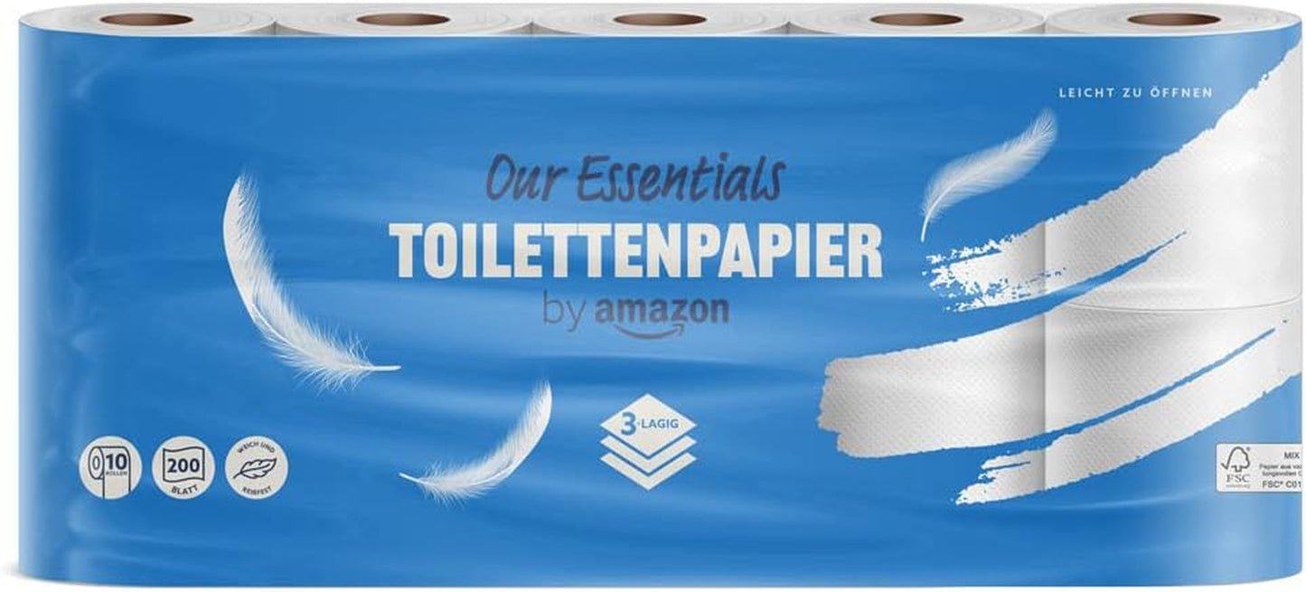 By Amazon Hârtie igienică, 3 straturi, 10 role (10 role, 1-pachet) 200 de foi per rolă, certificată Fsc