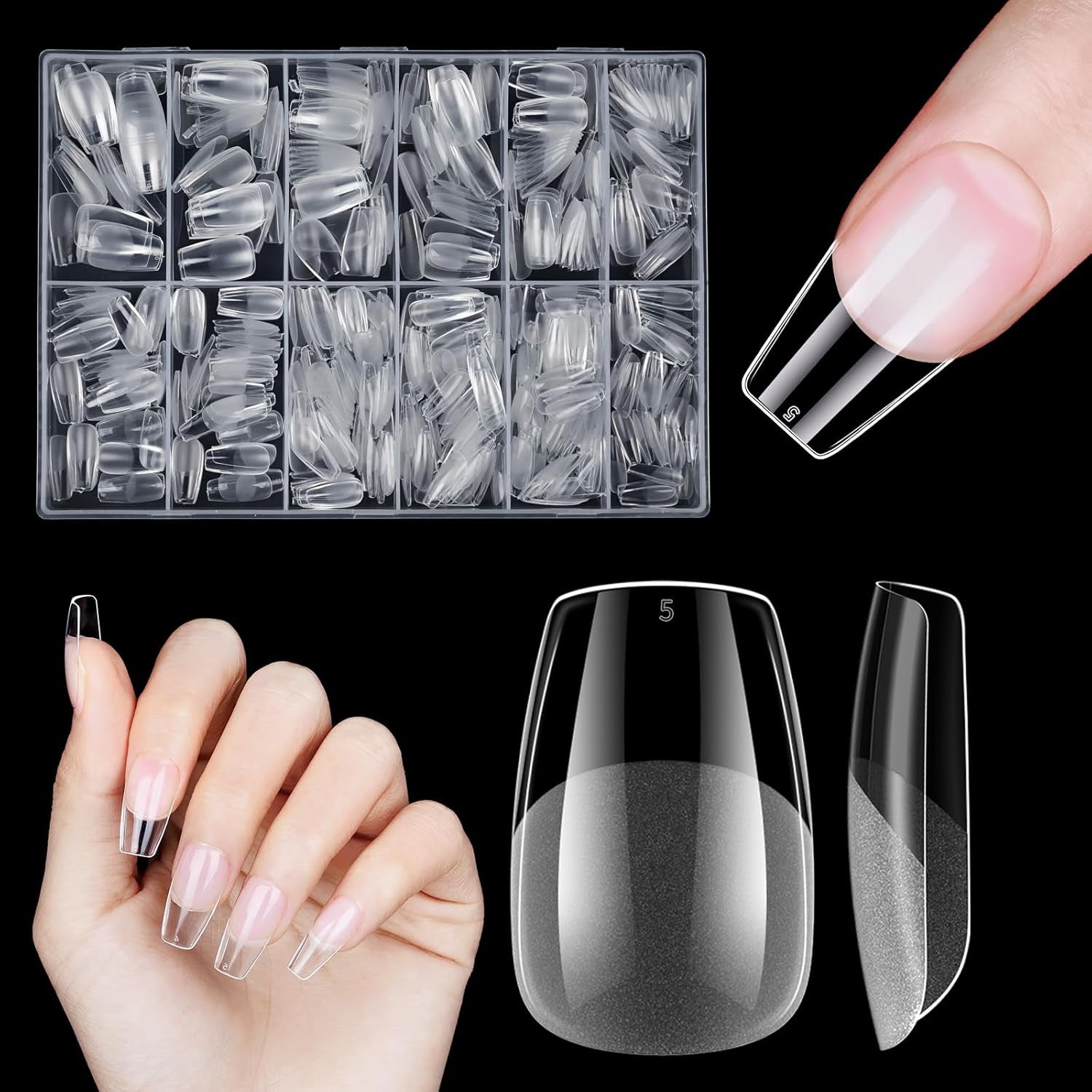 Unghii artificiale scurte, 500 bucăți gel moale acoperire completă vârfuri de unghii pentru unghii cu gel 12 mărimi vârfuri de unghii pre-lustruite pentru unghii cu gel, unghii artificiale scurte sicriu pentru extensii de unghii cu cutie