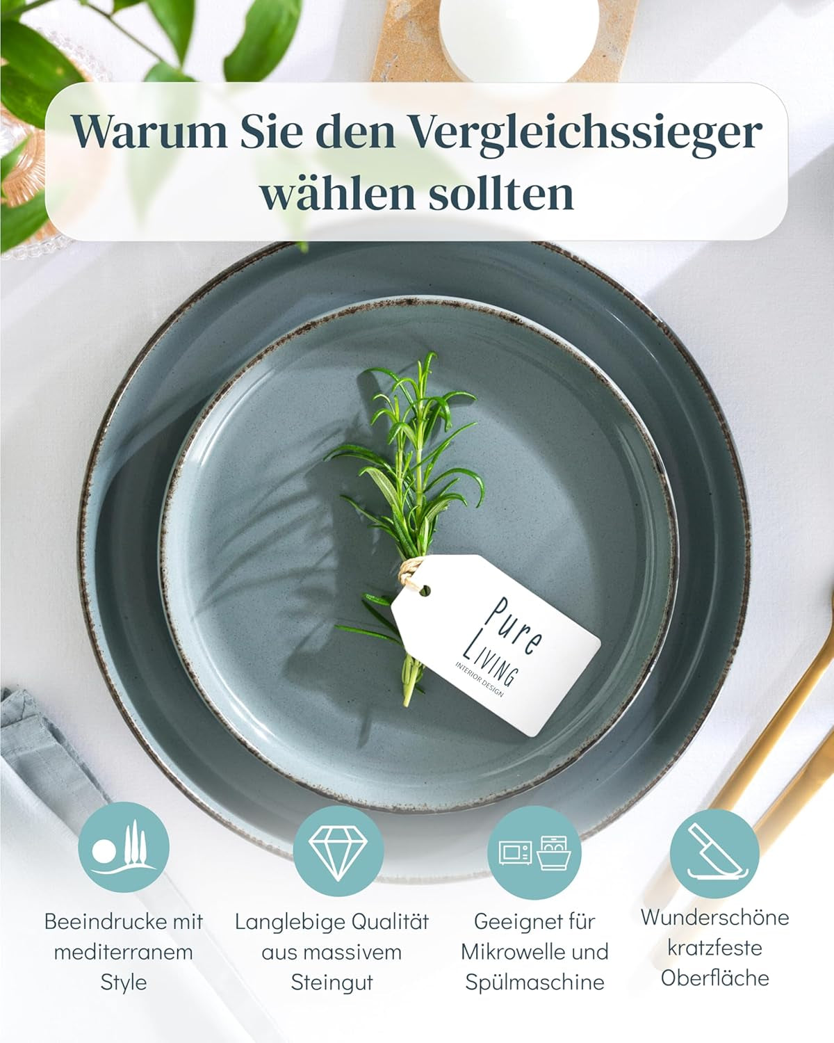 Steingut Geschirrset 12 Personen Rustic 36 tlg. TESTSIEGER, Hochwertiges Landhaussttil Steingut Geschirr Set, Schüssel- und Teller Set, Tafelservice 12 Personen, Geschirrsets Pure Living in Rauchblau