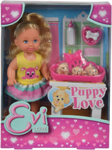 Simba 105733041 - Evi Love Puppy Love, cu TREI căței, cu coșuleț pentru câini și accesorii, păpușă de modă, 12 cm, pentru copii cu vârsta de 3 ani și peste