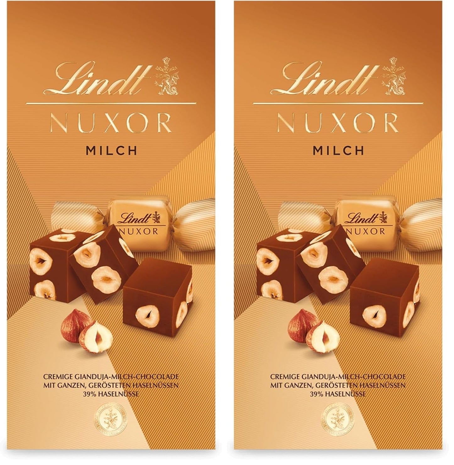 Ciocolată Lindt | Pliculeț de ciocolată cu lapte NUXOR | 103g | Cuburi cremoase de ciocolată cu lapte Gianduja cu alune de pădure prăjite | Cadou de ciocolată