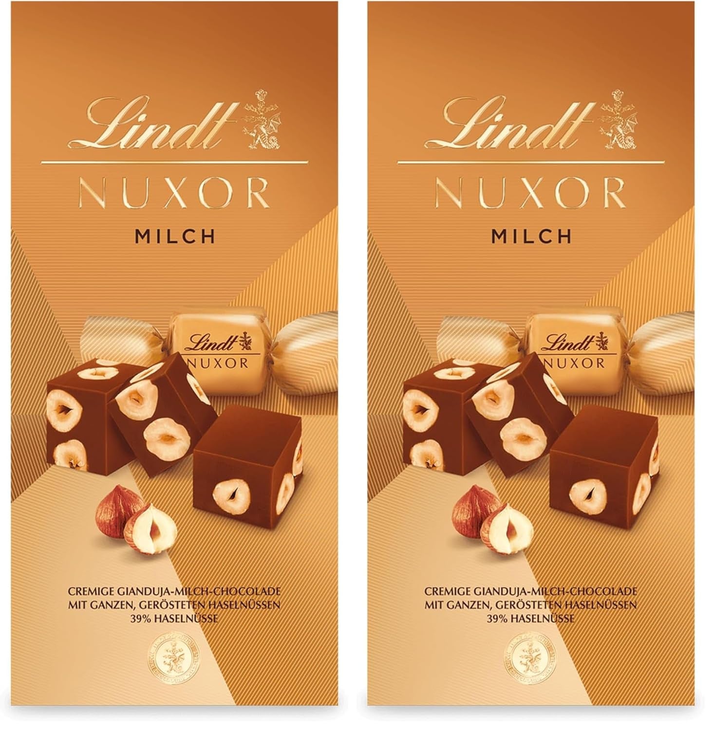 Ciocolată Lindt | Pliculeț de ciocolată cu lapte NUXOR | 103g | Cuburi cremoase de ciocolată cu lapte Gianduja cu alune de pădure prăjite | Cadou de ciocolată