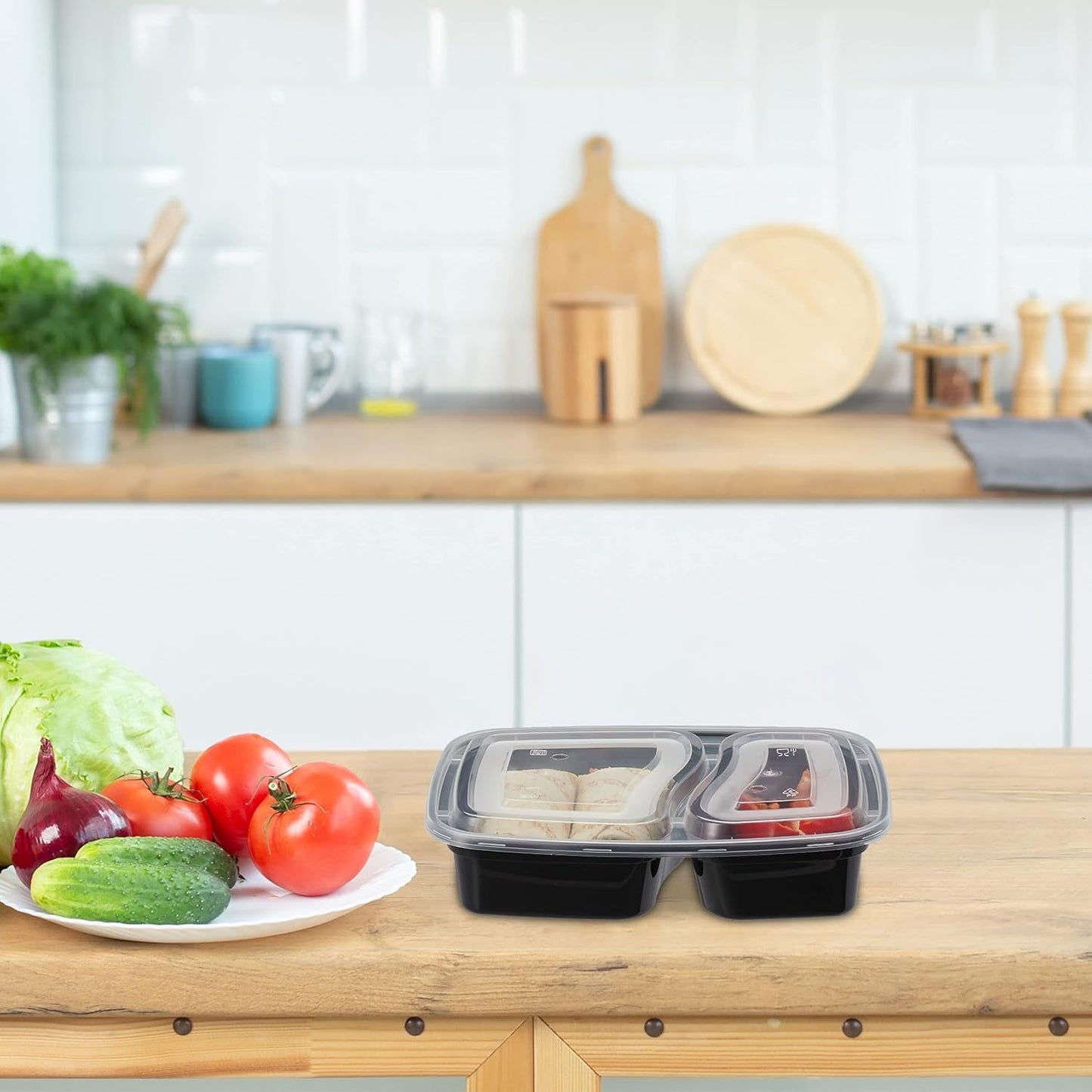 Relaxdays Meal Prep Boxes, set de 10, 2 compartimente, rezistent la microunde, 800 ml, cutie de plastic pentru alimente cu capac, negru Cutii depozitare alimente Naty Shop
