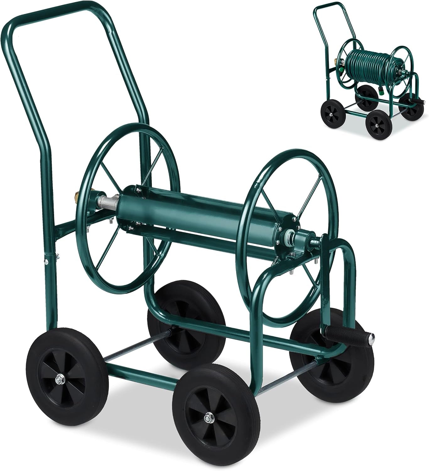 Cărucior furtun Relaxdays, până la 60 m, 4 anvelope din cauciuc solid, cuplaj clic, rolă metalică pentru furtun, distribuitor furtun, verde