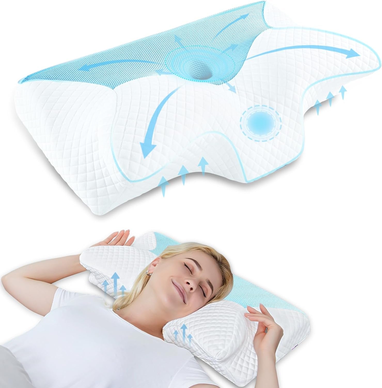 Pernă ortopedică din spumă de memorie pentru susținerea gâtului pernă pentru coloana cervicală Pernă ergonomică pentru dureri de spate, laterale și abdominale, 70X40X8.5/14Cm Perne ortopedice cervicale Naty Shop Albastru 60 X 35 X 8/12Cm