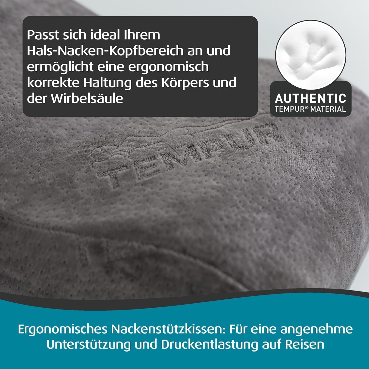 Pernă de călătorie TEMPUR cu spumă cu memorie, pernă ergonomică pentru gât, inclusiv geantă de transport, antracit, dimensiuni 25 x 31 x 10/7 cm