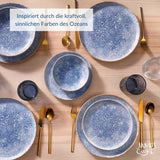Set de veselă Azure Vintage din gresie pentru 6 persoane - 24 de piese - dungi albe și albastre, suprafață în relief - potrivit pentru mașina de spălat vase, cuptor și cuptor cu microunde