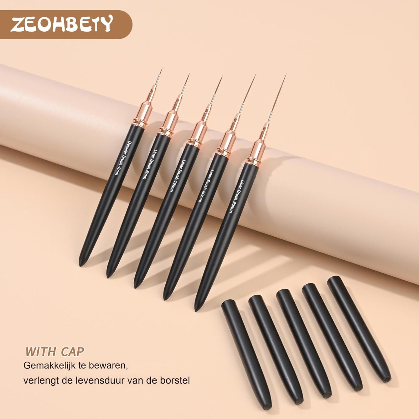 Pensule pentru unghii, 5 bucăți de pensule pentru conturul unghiilor, set de pensule pentru pictură și design, instrument de desen pentru puncte de unghii pentru linii lungi, detalii subțiri, desen fin în dimensiuni 6/9/12/15/18 mm, negru