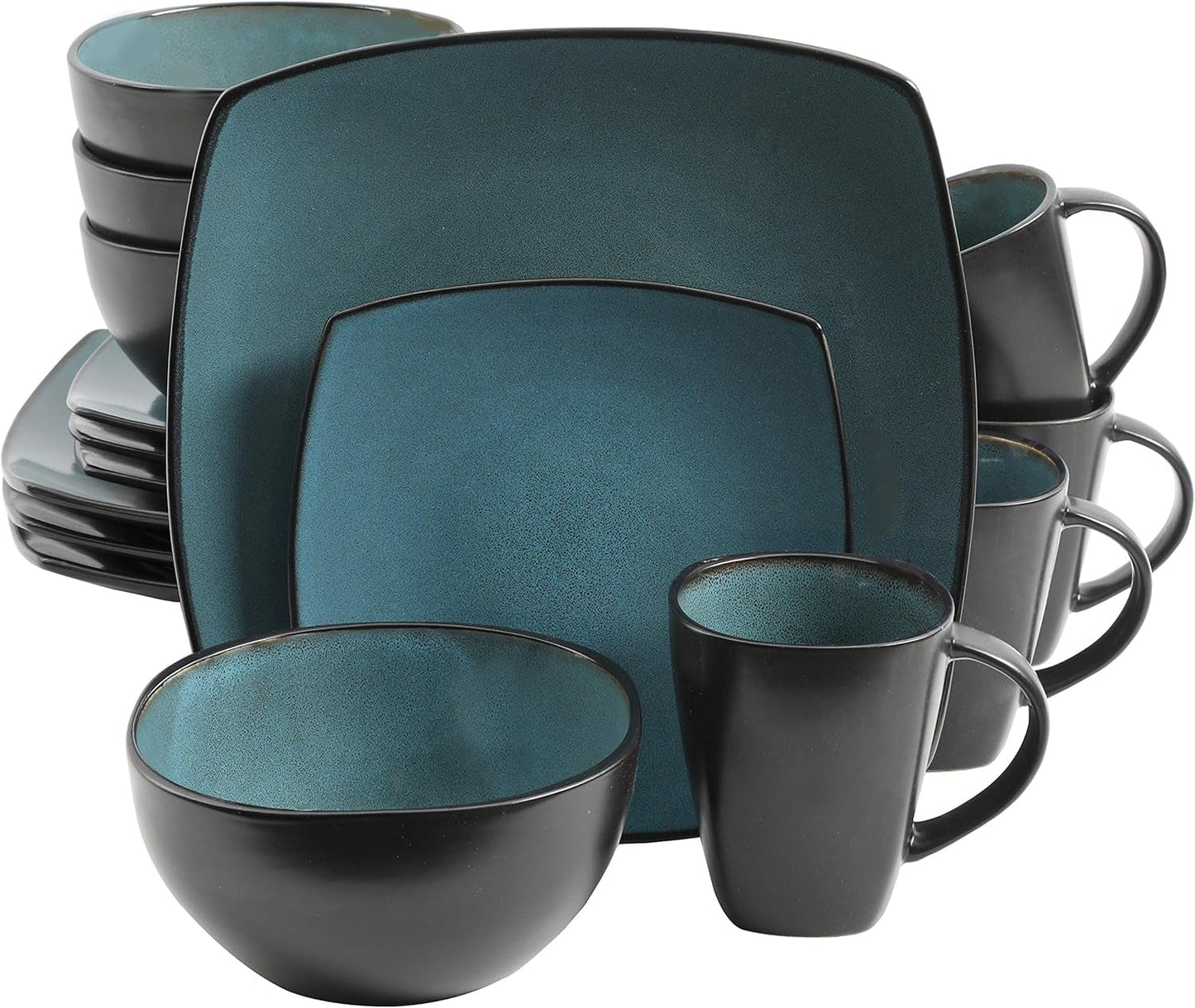 Set de veselă Gibson 99813.16R Elite Soho Lounge cu glazură reactivă pentru 4 persoane, 16 piese, efect bicolor albastru-verde/negru