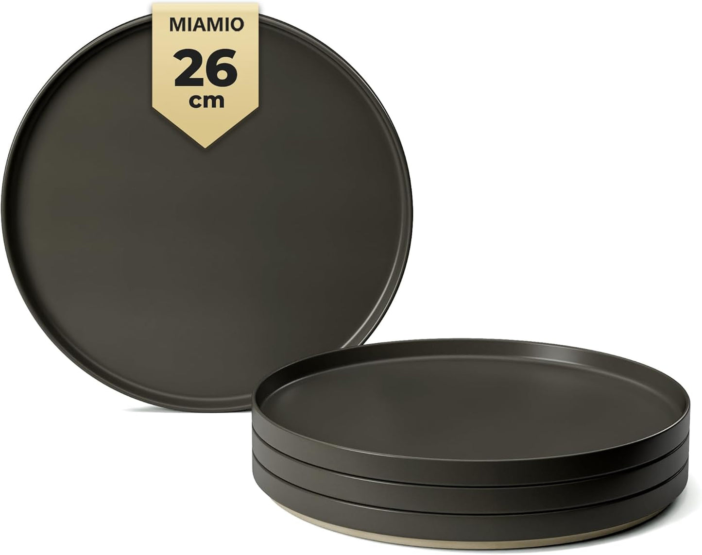 MIAMIO – Set de farfurii de 4 persoane / Set de veselă ceramică pentru 4 persoane, veselă din gresie, potrivită pentru mașina de spălat vase și cuptorul cu microunde – Colecția Sierra (Farfurii închise la culoare, farfurii mari (4x))
