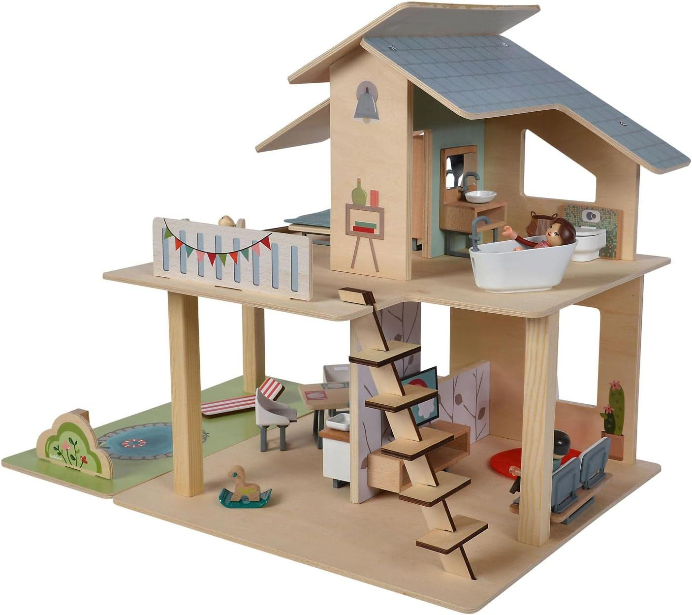 Eichhorn - Casă de păpuși cu accesorii - Incl. mobilier și 3 figurine, Neasamblat, Fabricat din lemn, 25 de piese, 53X36X44 cm mare, De la TREI ani Casute de papusi Naty Shop