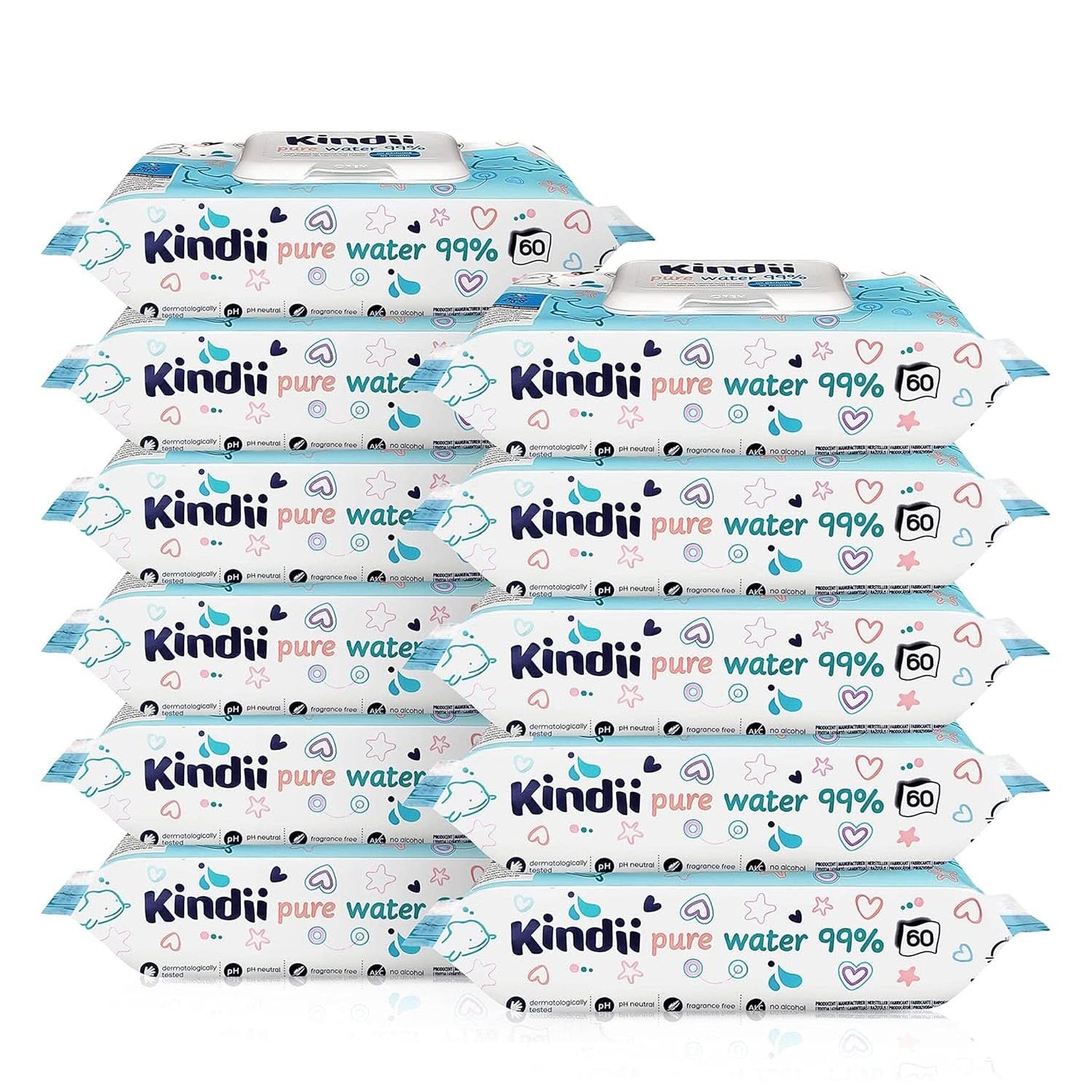 Kindii Feuchttücher Für Babys Und Kinder Pure Water 99% - 99%Ige Zusammensetzung Auf Wasserbasis - Allantoin - Unparfümiert - Dermatologisch Getestet - Für Empfindliche Haut - 720 Stück - 12X60 Stück Naty Shop