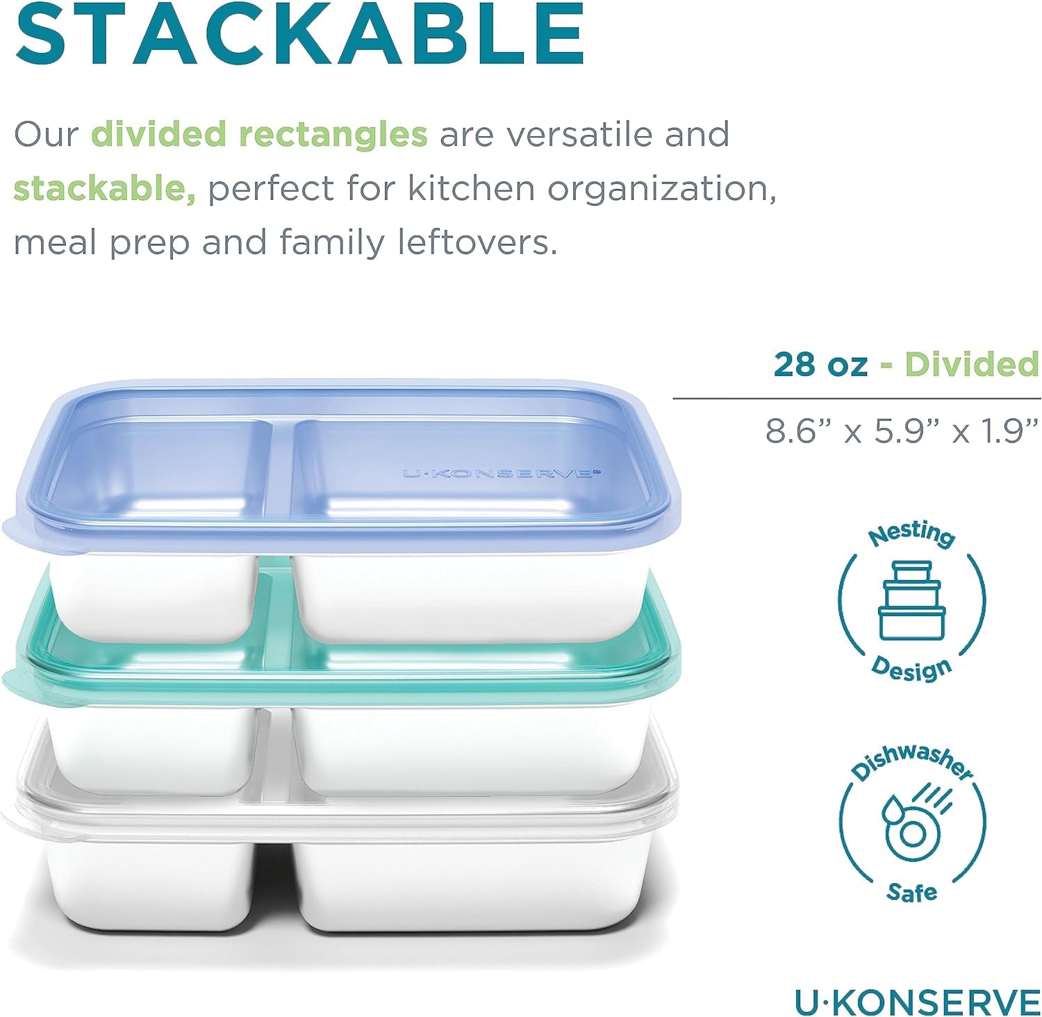 U Konserve - Recipient dreptunghiular împărțit pentru alimente din oțel inoxidabil cu capac din silicon - Island Teal - 28oz / 825ml Cutii depozitare alimente Naty Shop