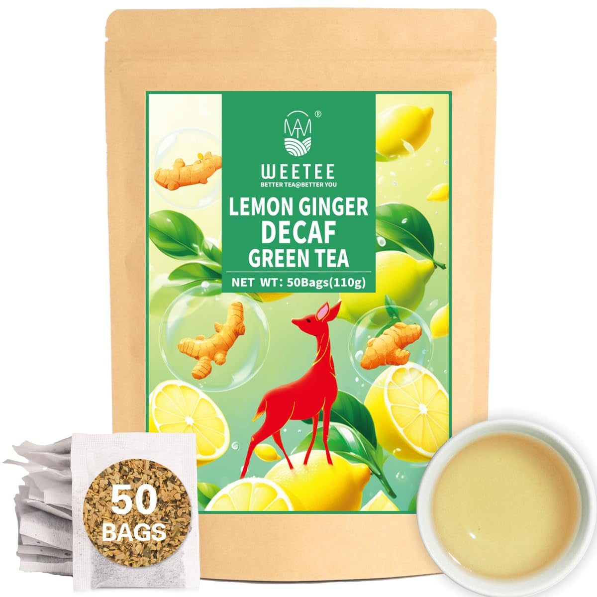 WEETEE Pliculețe de ceai verde, 100 bucăți Pliculețe de ceai verde, ceai verde pur, super antioxidant | Pliculețe resigilabile | Preparare fierbinte sau rece