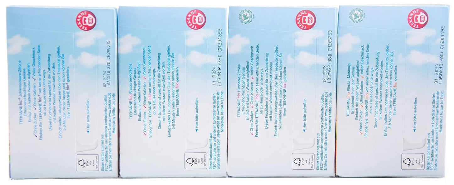 Teekanne Frio pachet de 4, rubarbă-cireșe, coacăze-lămâie, zmeură-lămâie, piersică-maracuja (4 x 45 g)