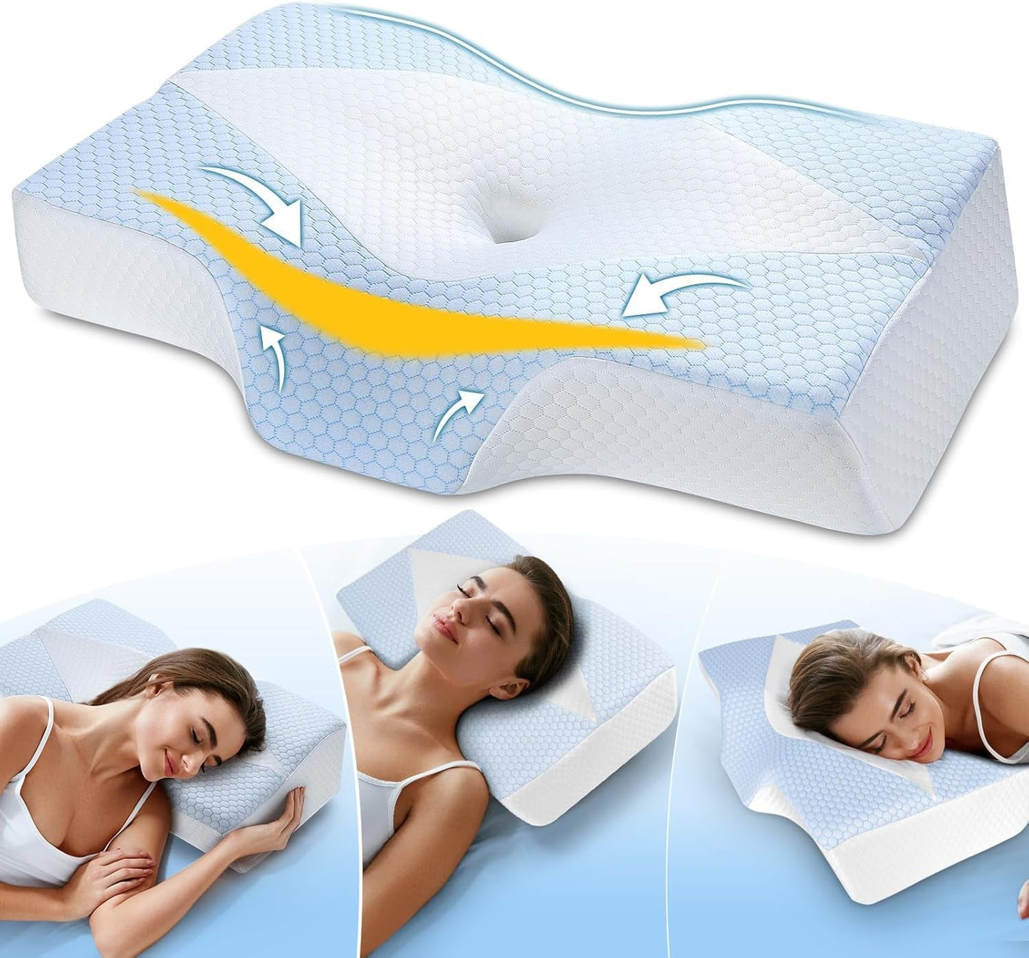 Pernă pentru gât din spumă de memorie Pernă ortopedică ergonomică Pentru dureri de gât și umeri - Pernă de dormit răcoritoare Pentru cei care dorm lateral, pe spate și pe stomac Cu suport pentru gât Perne ortopedice cervicale Naty Shop Blue White(63.5Cm*40.6Cm*10.7/13.2Cm) Blau Weiss(63.5Cm*40.6Cm*10.7/13.2Cm)