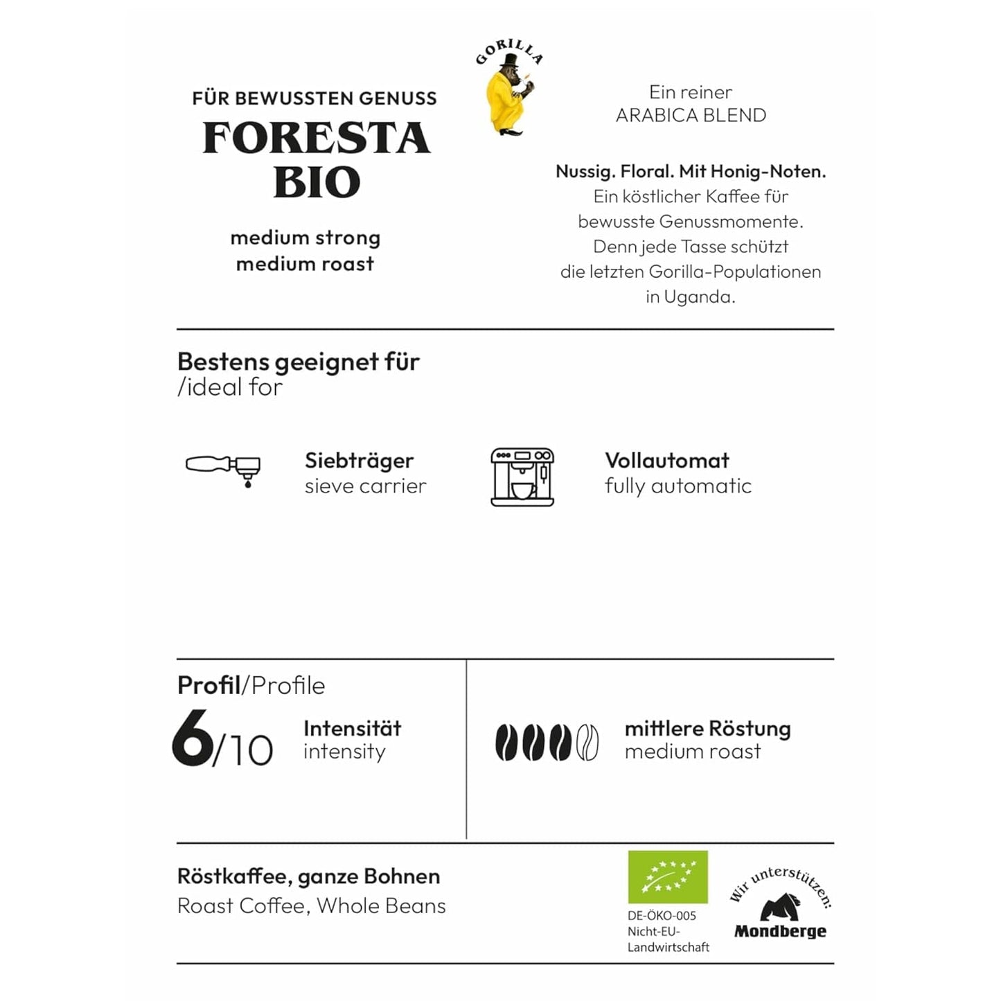 Cafea Gorilla Foresta 6 x 1000g boabe prăjite întregi | Amestec Arabica | Espressoare portafilter și complet automate | Cafea espresso