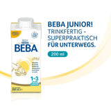 Băutură cu lapte gata de băut BEBA Junior 1-3 ani, cu HMO, conținut de proteine adecvat vârstei, fără ulei de palmier, fără ulei de pește, hrană pentru copii mici, pachet de 6 (6 x 200 ml)