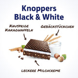 Knoppers Alb și Negru – 8 x 25 g – Felii de napolitană umplute cu napolitane cu cacao neagră, bucăți de biscuiți negri, lapte și cremă de nuga