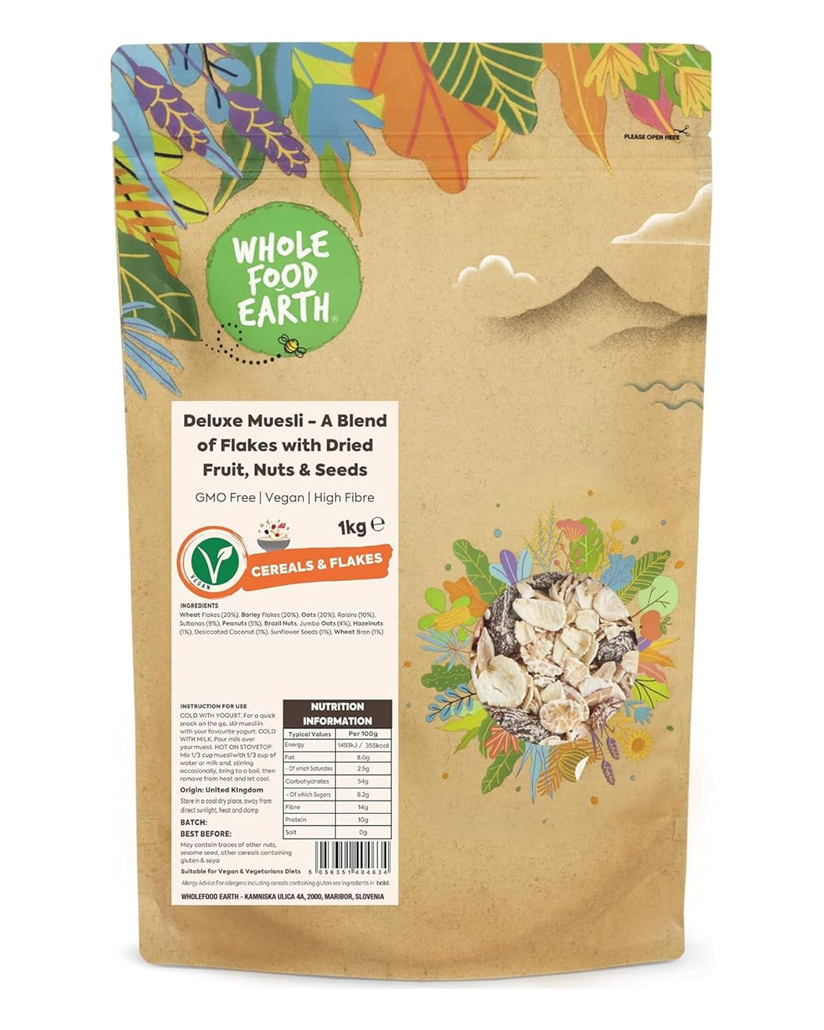 Muesli Deluxe Wholefood Earth - Un amestec de fulgi cu fructe uscate, nuci și semințe 1 kg | Fără OMG | Bogat în fibre