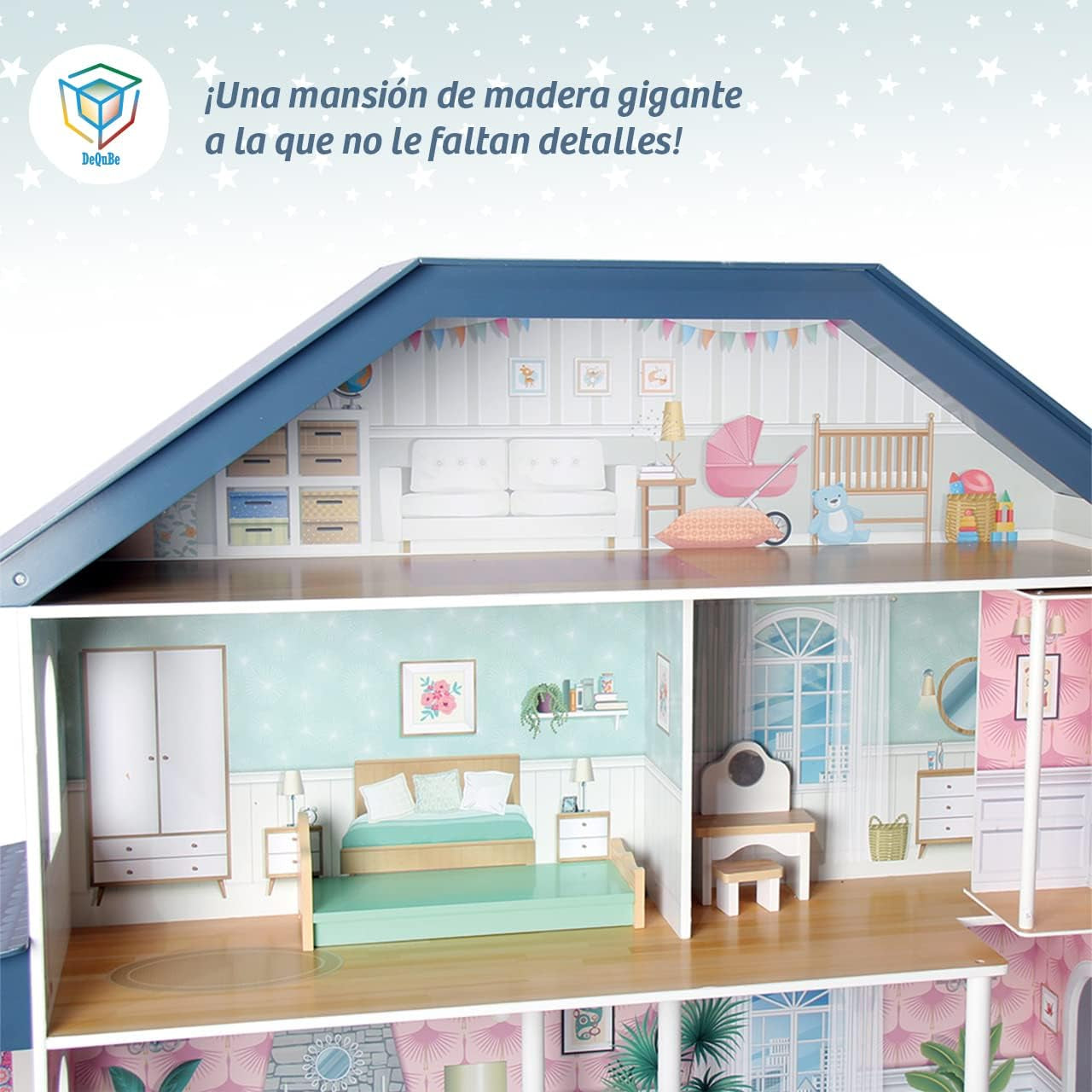 Deqube 913D00016 Casă de păpuși din lemn, 4 etaje, Premium